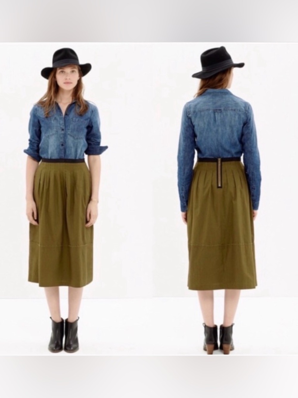 Madewell Olive Pleated Midi Skirt with Pockets Size 6